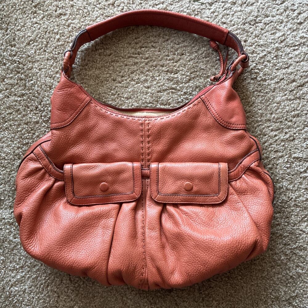 Cole Haan Orange Leather Handbag Boho Pebbled Shoulder Bag